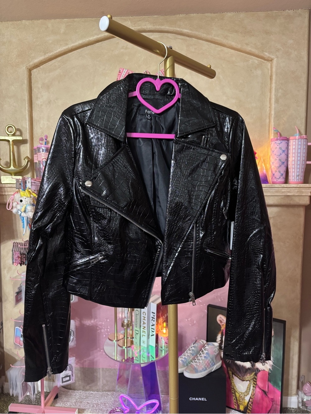 P-002 FATE S Croc-Embossed Black Faux Leather Moto Jacket